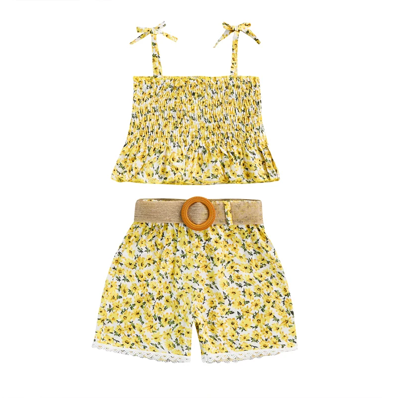 

Женский летний комплект детской одежды, топ без рукавов с оборками и цветочным рисунком, кружевные короткие брюки и пояс, повседневная детс...