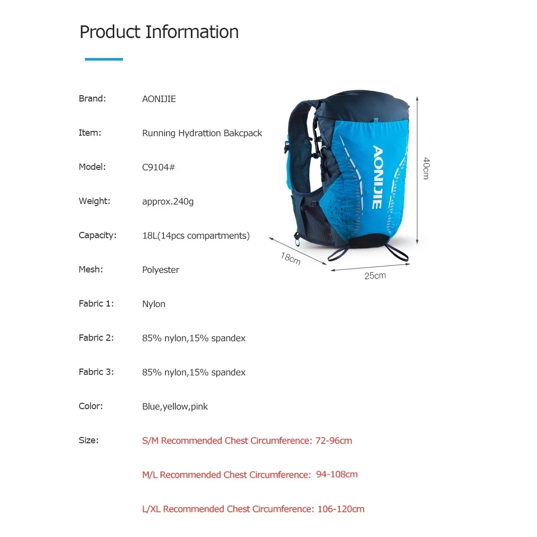 AONIJIE 18L Cycling Backpack Rucksack Men Women Sports Bags Outdoor Climbing Hiking Running Hydration Backpack with Water Bottle