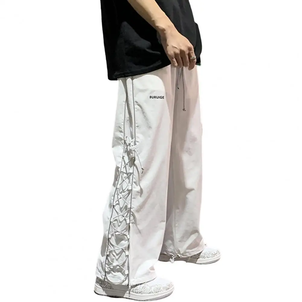 

White Pants Men Elastic Waistband Side Cross Lace-up Drawstring Cuffs Men Sweatpants Summer Thin Hip Hop Cargo Pants Streetwear