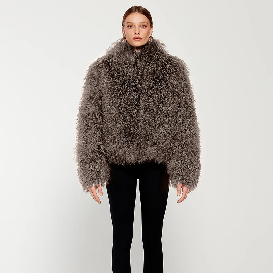 Женская шуба из натурального меха пальто монгольского кудрявого ягненка с