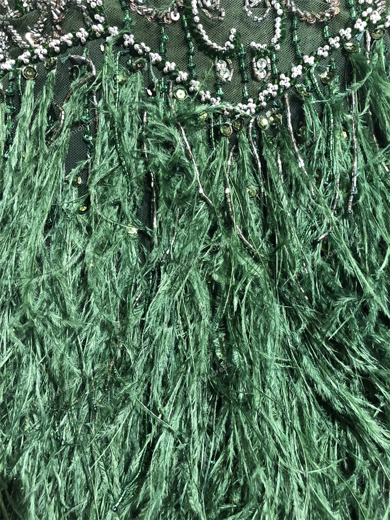 100% Real Pictures Dark Green Luxurious Beads with Feathers Knee Lenght Formal Prom Party Celebrity Dance Evening Dresses  Свадьбы