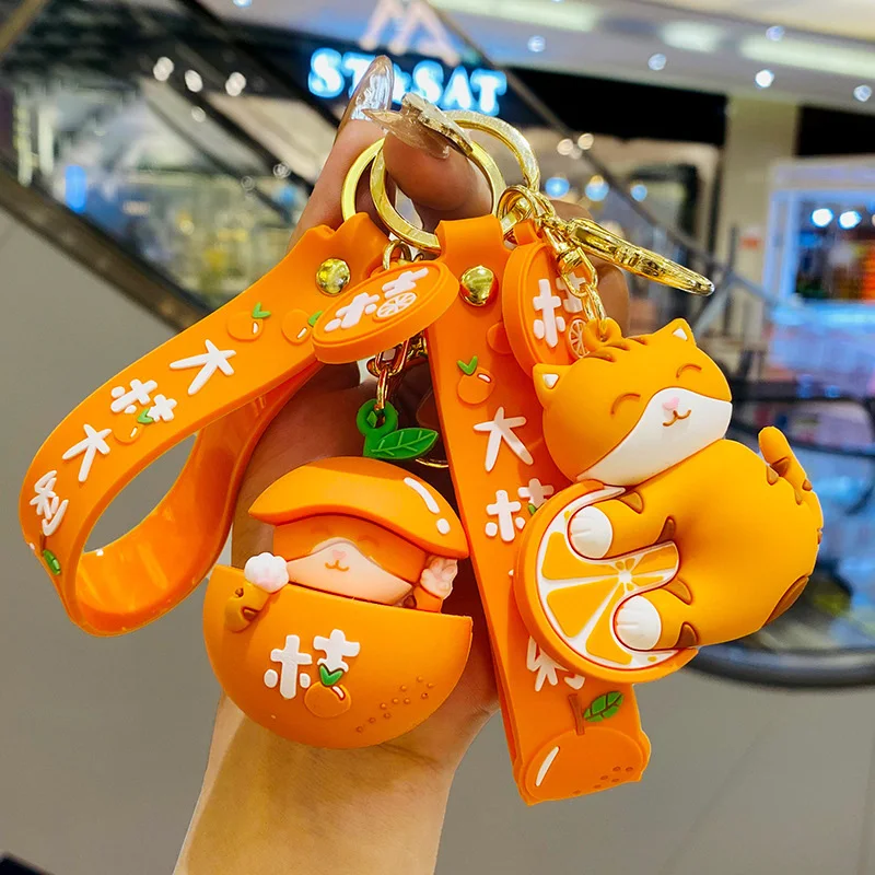 

New Cute Orange Cat Silicone Keychain Pet Necklace Backpack Car Keychain Fashion Sling Good Luck Decoration Keyring Wholesale