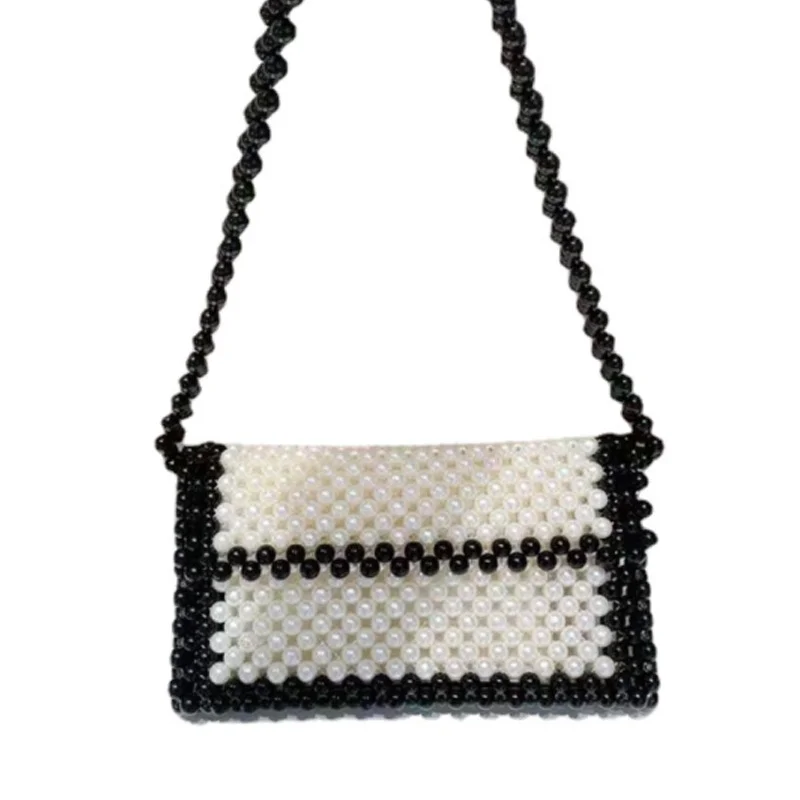

Новая контрастная женская сумка ручной работы с бисером и жемчугом, квадратная горизонтальная женская сумка на одно плечо