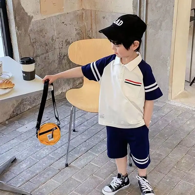 Boys' Short-Sleeved Suit 2022 Summer Clothes Children's Wear Fried Street Children's Polo Shirt College Style Clothes Children