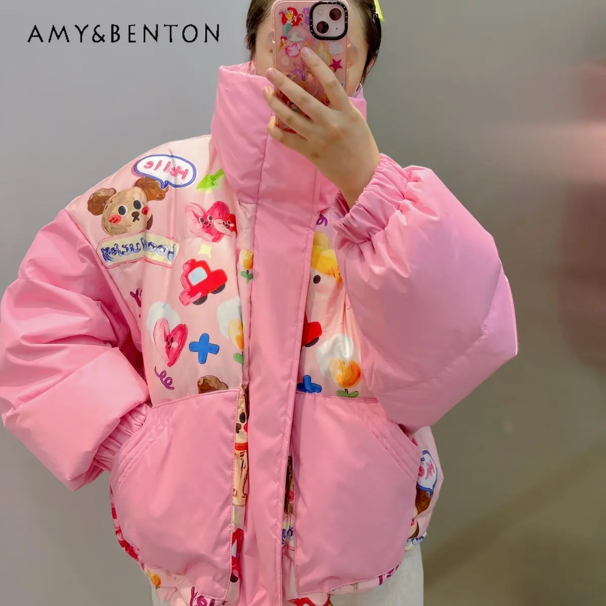 Women's Winter New Fashion Cartoon Oil Painting Graffiti Down Jacket Loose Lapel Thicken White Duck Down Coat for Ladies