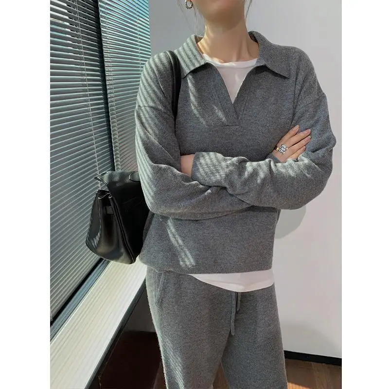 

Однотонный женский вязаный Топ с отложным воротником, Свободные повседневные широкие брюки на шнуровке, модная женская одежда, новинка 2022