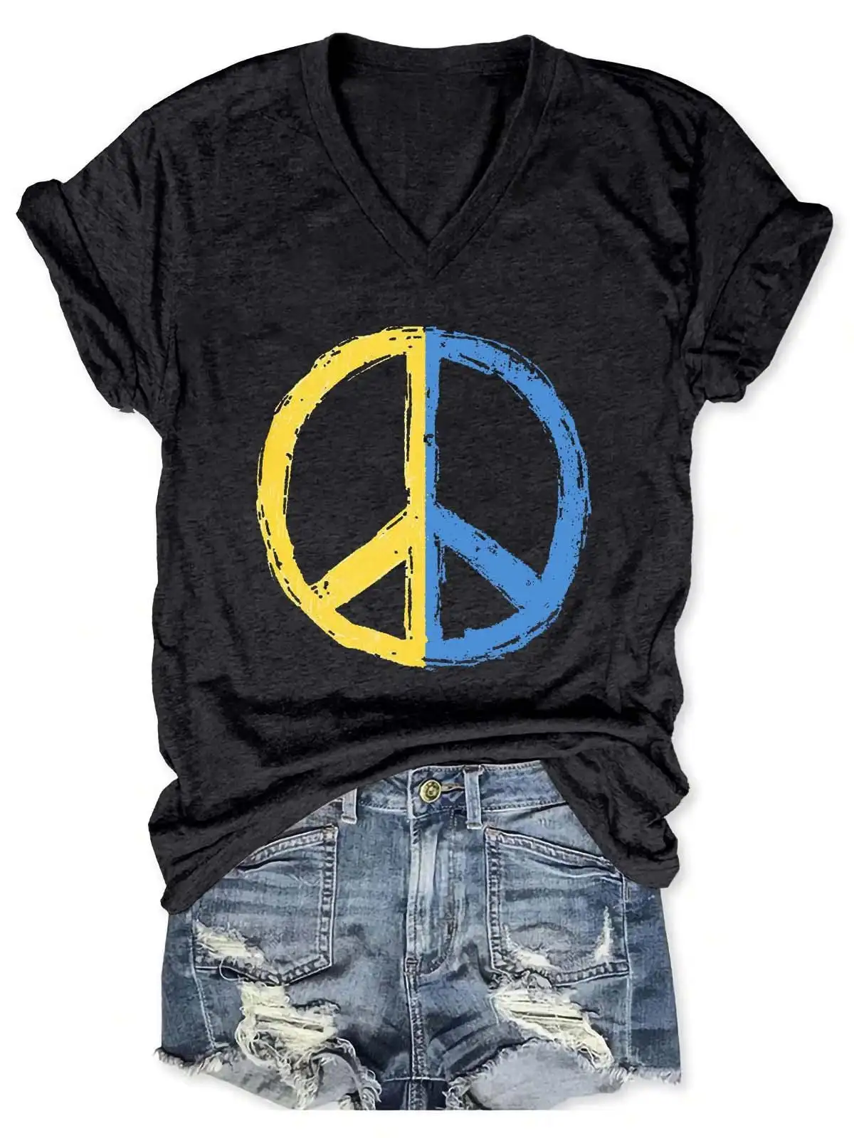 Lovessales Womens UKR Peace V-Neck Short Sleeve 100% Cotton T-shirt