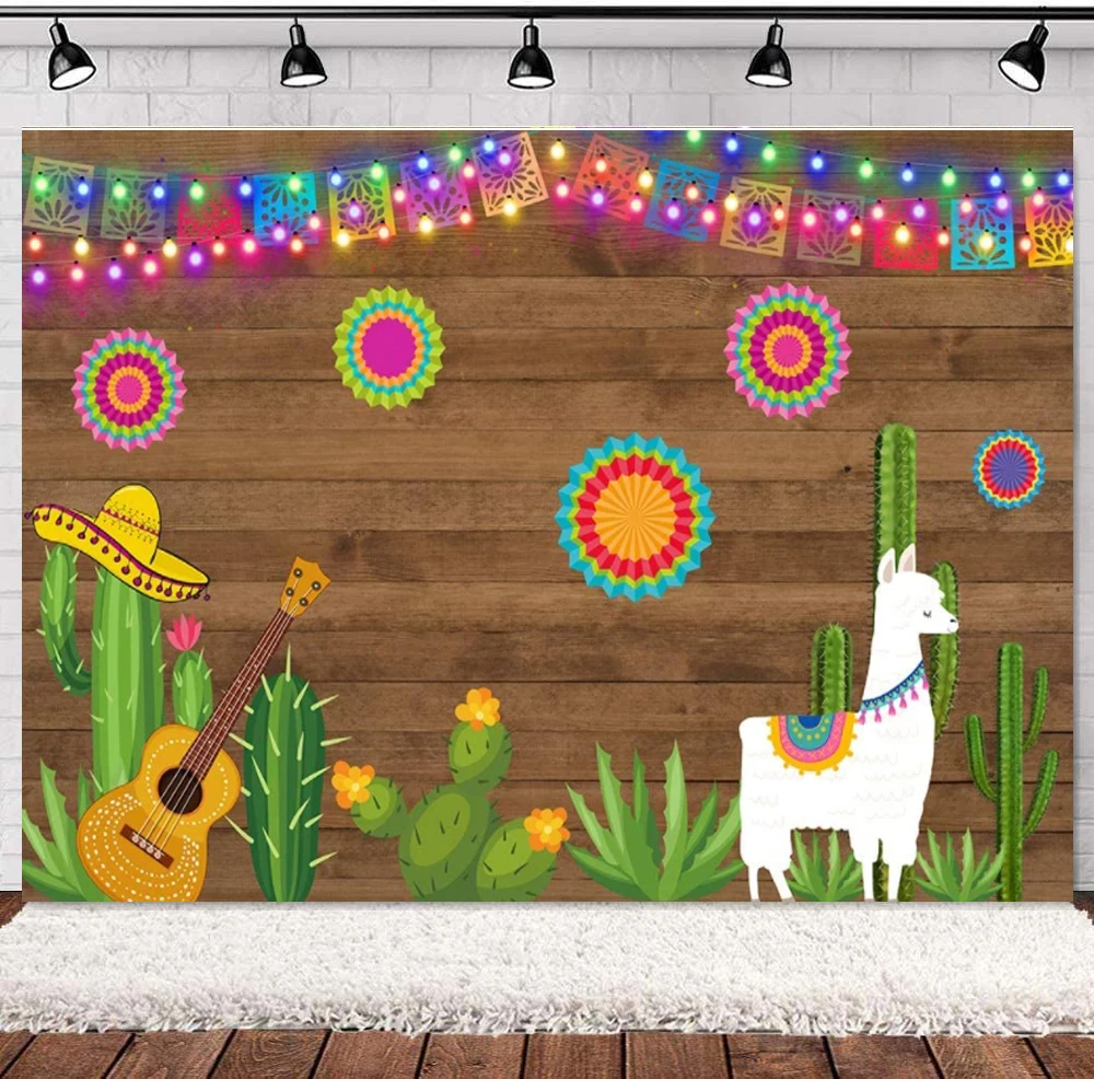 

Mexican Fiesta Theme Photography Backdrop Summer Cinco De Mayo Birthday Party Decor Cactus Wood Background Baby Shower Banner