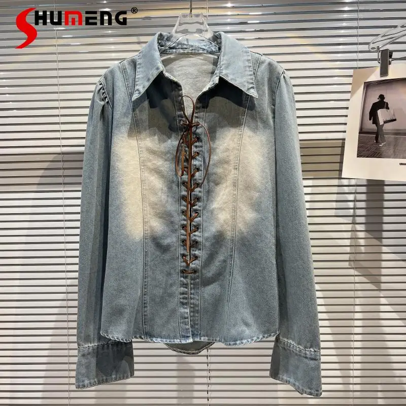 

Women New 2022 Spring Fall Classic Style Drawstring Strap Design Washed Denim Shirt Ladies Fashion Streetwear Elegant Blusas Top