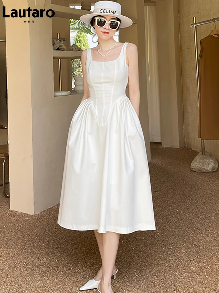 

Lautaro лето осень роскошное стильное белое платье миди на бретелях без рукавов женское платье с квадратным вырезом и расклешенной одеждой во ...