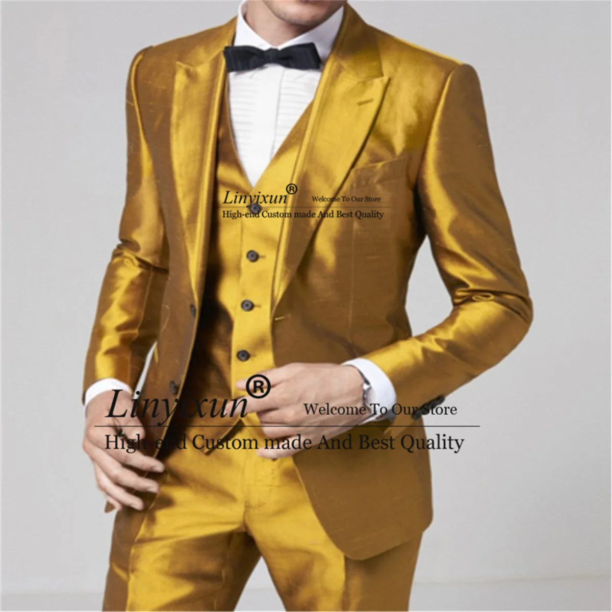 Fashion Gold Men Suit For Wedding 3 Pieces Set Groom Tuxedos Shiny Male Prom Party Blazer Vest Pants Outfit Slim Fit ropa hombre