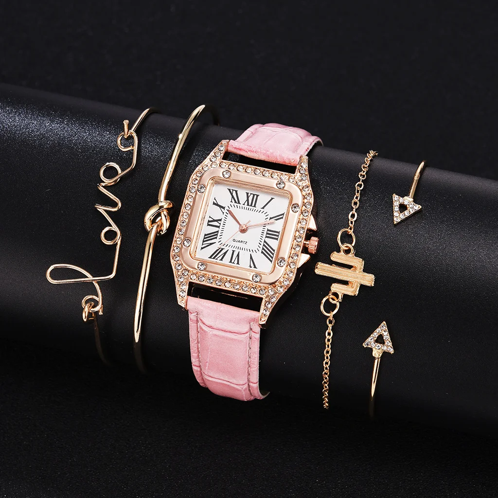 

1 шт., женские кварцевые часы с квадратным циферблатом, 4 браслета