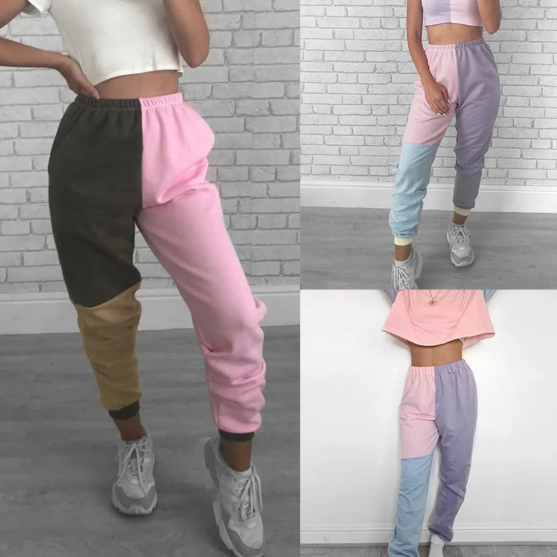 

NEW-Patchwork Casual Joggers Sweatpants Elastic High Waist Pants Women Harajuku Fashion Long Trousers Street Pant