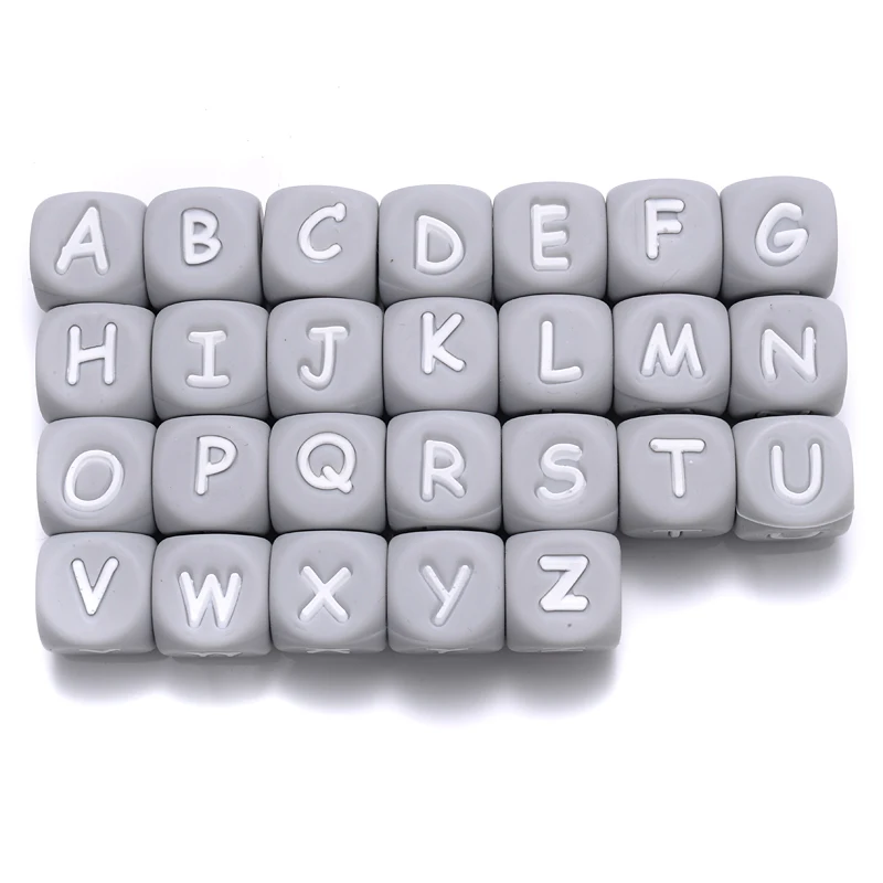 

50Pcs 12mm Gray Silicone Alphabet Letters Beads for Baby Teething DIY Pacifier Chain Clips Silicone Teether Toys BPA Free
