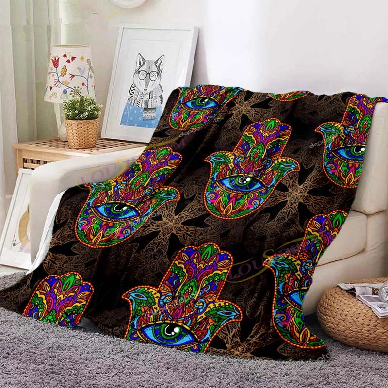 

Ornate Amulet Evil Eye Blanket Soft Cozy Flannel Hamsa Hand of Fatima Boho Print Warm Throw Blankets for Home Sofa Nap Bed Sheet