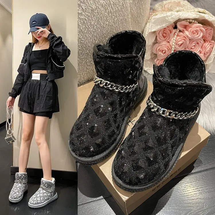 

Short-tube Snow Boots Women's Winter Fashion Thickened Plus Velvet Warm Chain Sequined Soft-soled Casual Cotton Shoes