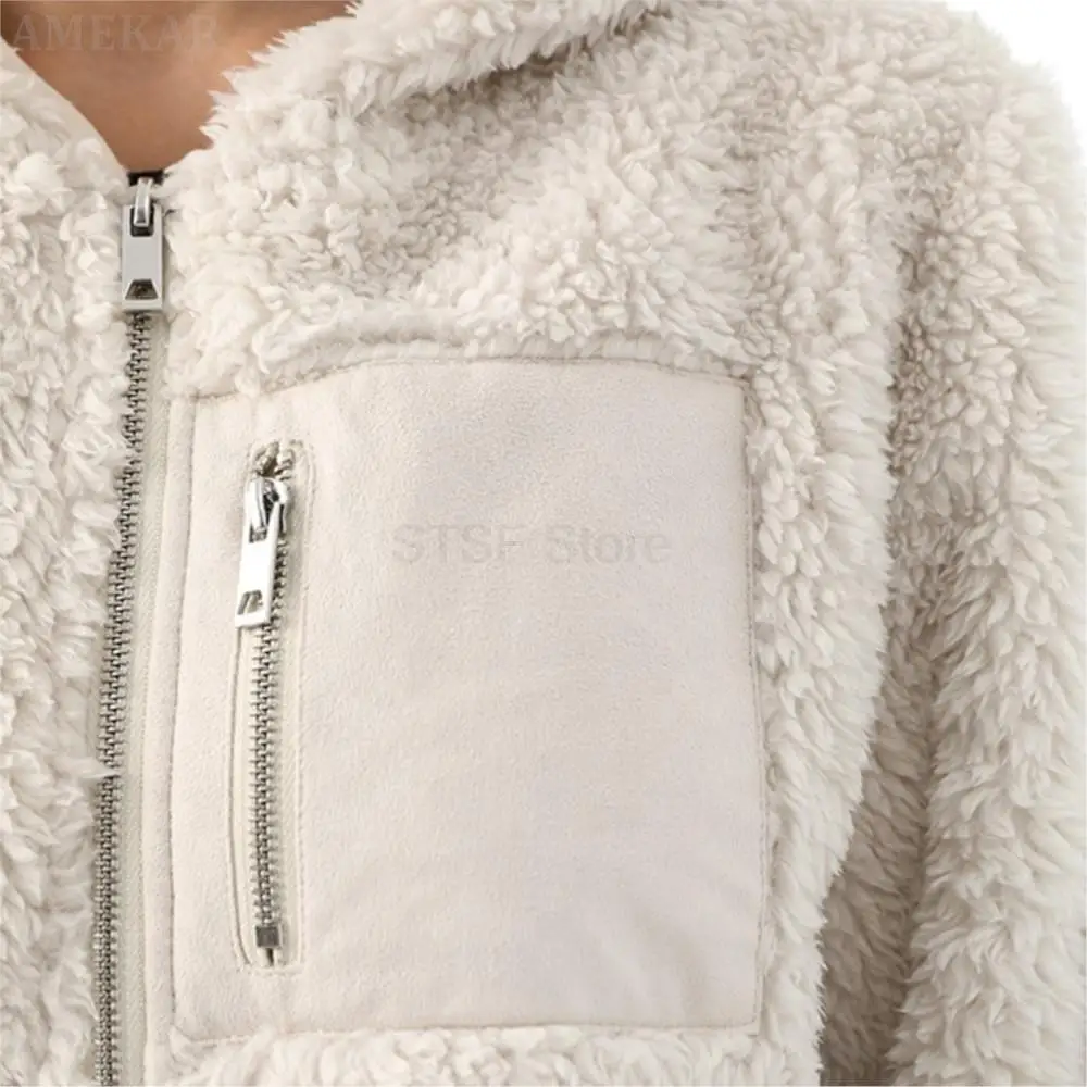 Women Winter Real Fur Zipper Coat Long Sleeve With Hood Pure Color Real Fur Jacket Thermal Fluffy Pocket Women's Fur Coat