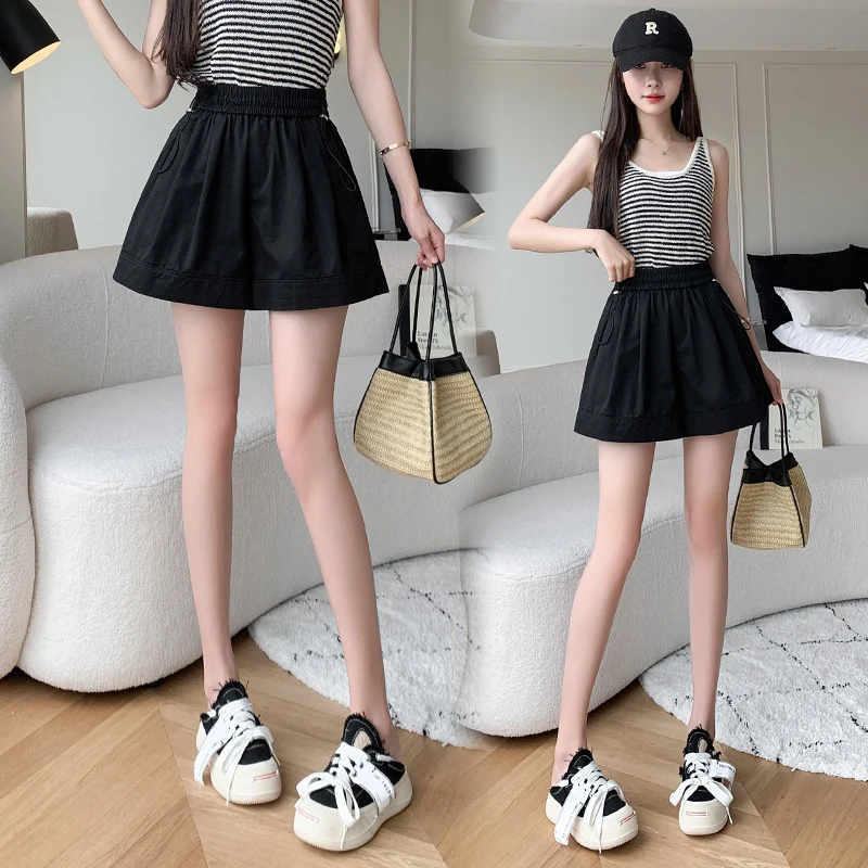 Shorts for Women Elastic Waist Wide Leg Shorts Women A-line Casual Shorts 2023 Summer OL Basic High Waisted Shorts Loose Clothes