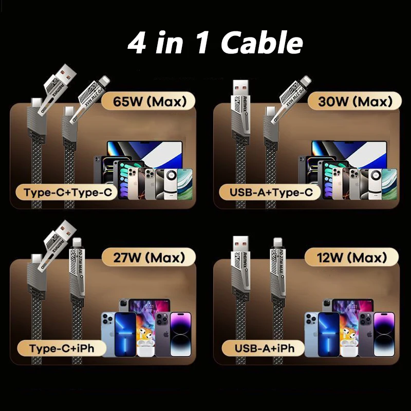 Зарядный кабель Remax RC-C189 65 Вт 4 в 1 USB A C T to Type C Кабели Fast Lightning для HUAWEI Xiaomi Телефон iPhone 15 Pro Max (art.: 3920cb925ae39) - 3920cb925ae39