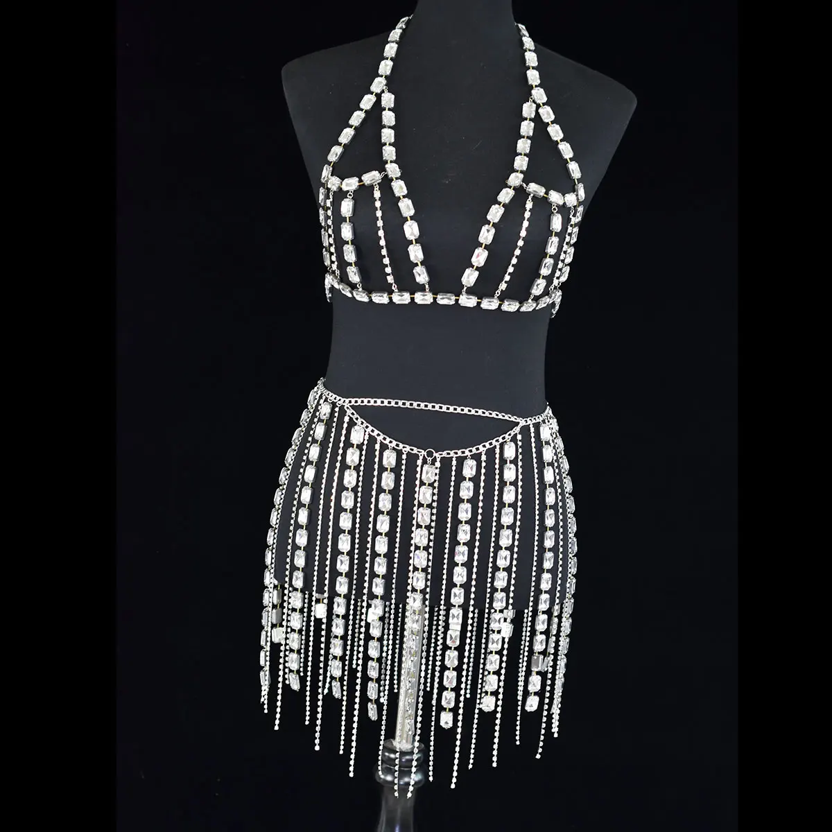 

Sexy Shiny Dress With Big Rhinestone For Women Body Jewelry Wholesale Waist Chain Personality Dance Show Clothing Accessories