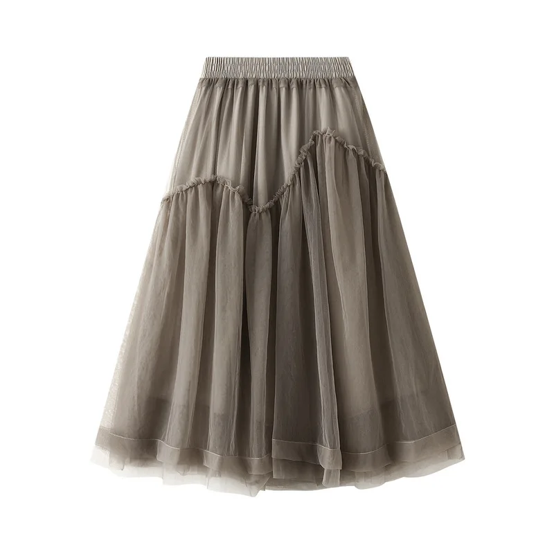 

Korean Mesh Tulle Pleated Skirt For Woman Fungus Patchwork Big Hem Slim Fit Lining Tutu Skirts Girls Casual Elegant Jupe 0868