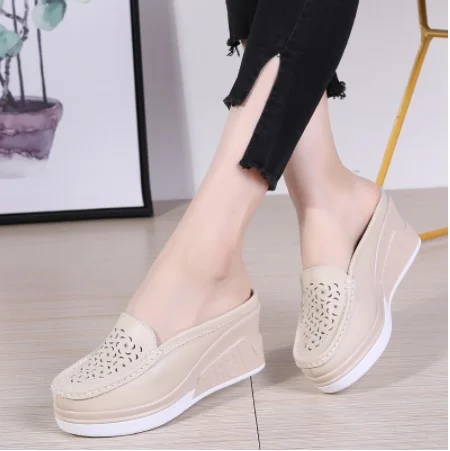 New Arrival Summer Women Platform Slipper Pattern Floral Flats Breathable Leather Casual Shoes Slip-on Comfortable Nurses Shoes