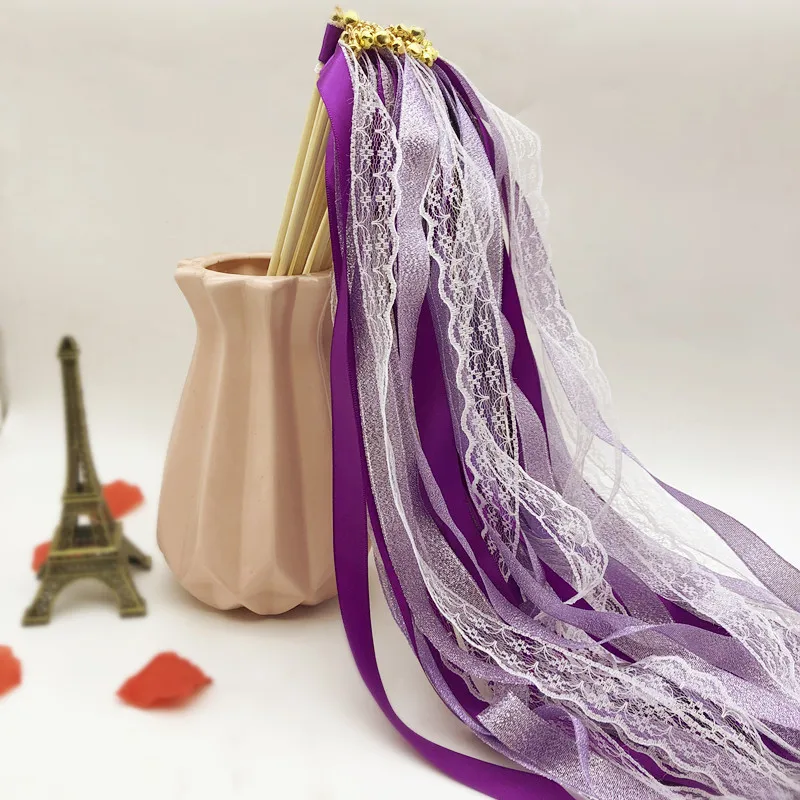 

10Pcs Wedding Decor Ribbon Wands With Gold Bells Wedding Lace Fairy Stick Colorful Twirling Streamers For Birthday Event Party