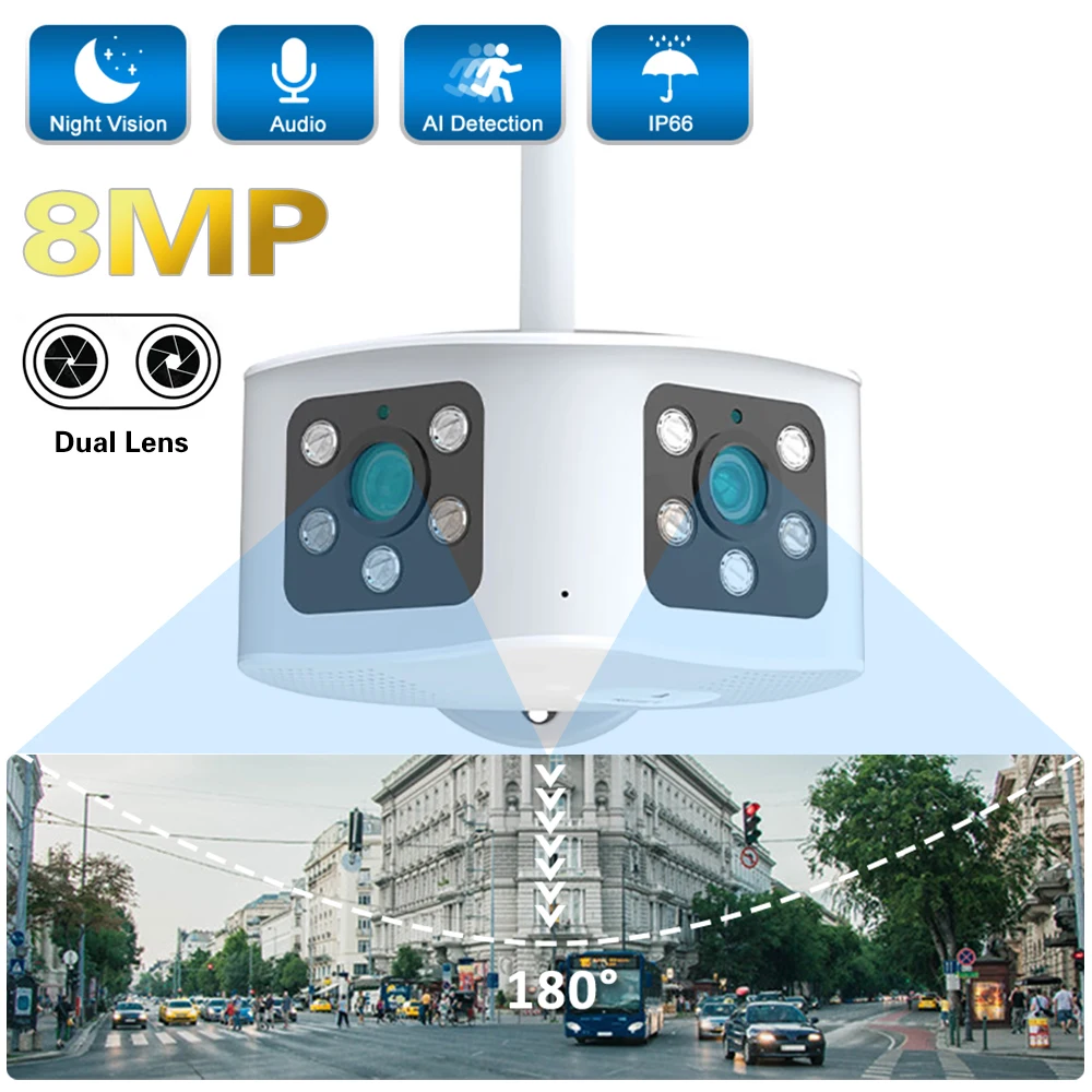 

IP-камера для наружного видеонаблюдения, 4K, 6 МП, Wi-Fi, 2 линзы, широкий угол обзора 165 °