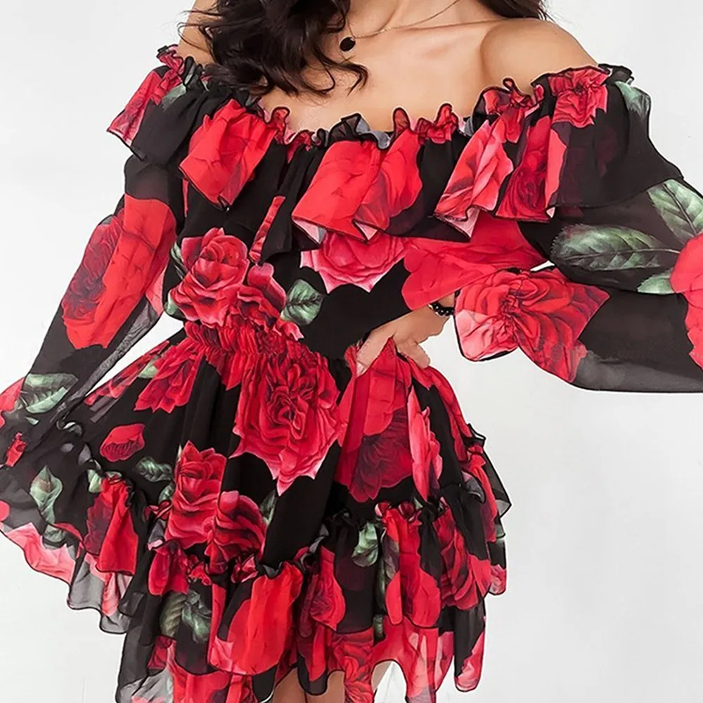 

Off Shoulder Dress Ruffles Flower Print Dresses Summer Long Sleeve Chiffon Temperament Elegant Female Ball Gown Dress Women New