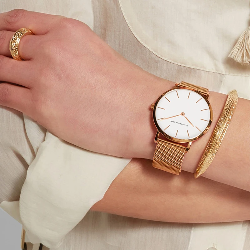2023 New Women Bracelet Watch 1 Set Japan Quartz Movement Simple Rose Gold Stainless Steel Mesh Student Watches Relogio Feminino