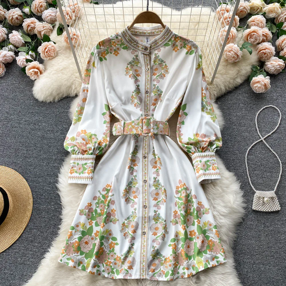 

Spring 2022 New Stand Collar Vintage Print Lace Up Waist Closing Lantern Sleeve Dress Waist Closing A-line Dress