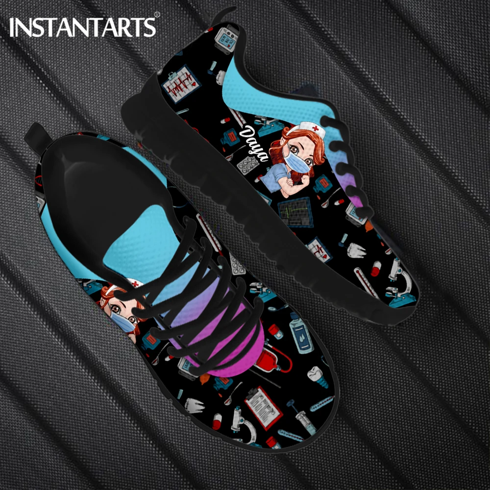 

INSTANTARTS New Style Women Lace up Sneakers Casual Nursing Flat Shoes Breathable Soft Medical Print Running Shoes for Femme