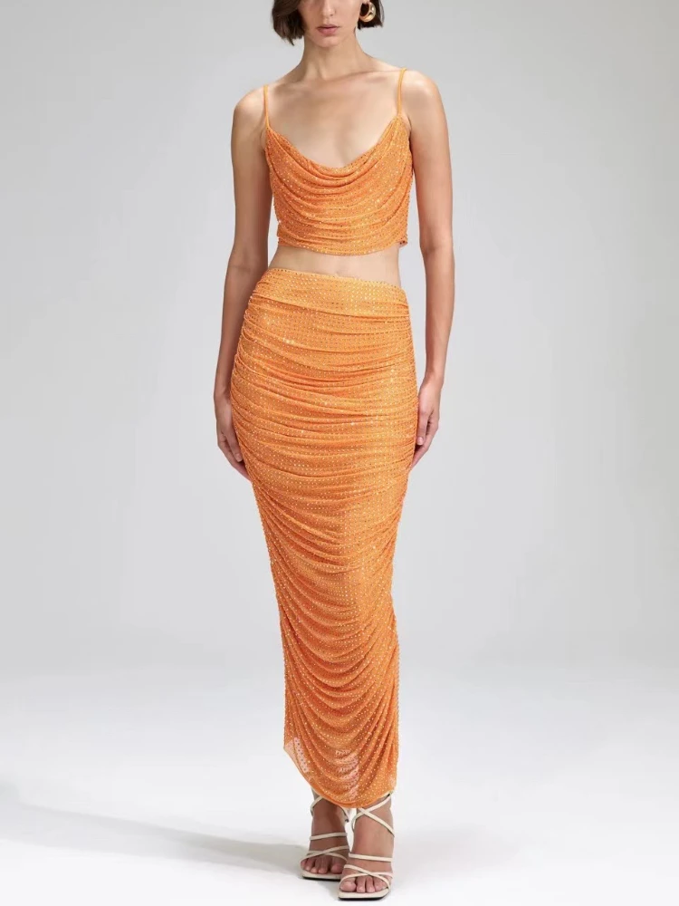 

2023 High Quality Latest Collection Orange Diamonds Shining Slip Crop Top Slim Midi Ruched Skirt Matching Set Women