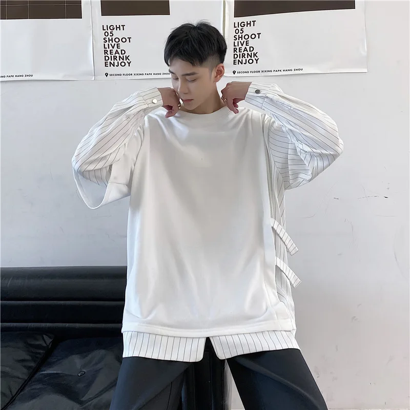 

Men T Shirt Striped Patchwork 2022 Crew Neck Streetwear Long Sleeve Irregular Thin Tee Tops Casual Men Clothing 5XL