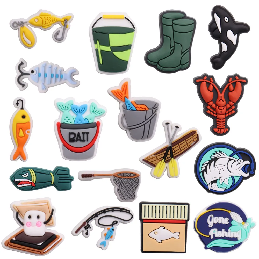 

1-17Pcs Fishing Tool Ocean Fishes PVC Sandals Shoe Charms Buckle Clog Designer Shoe Decoration Fit Croc Jibz DIY Kids Wristbands