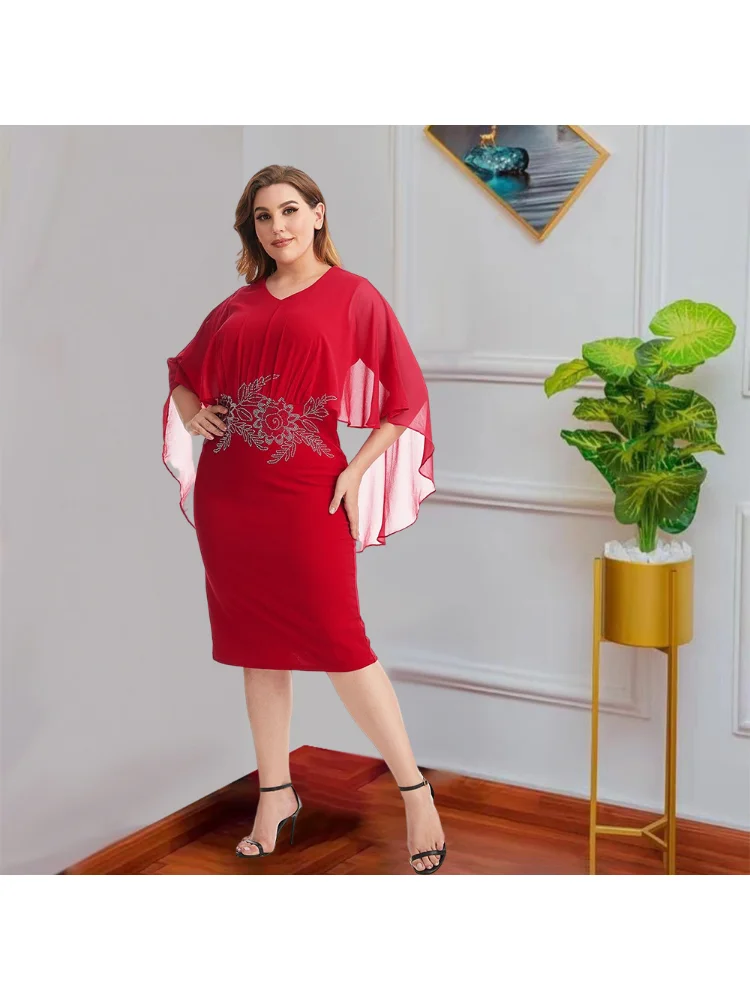 Summer temperament slim foreign trade large size women's solid color V-neck chiffon red knitted dress plus size dresses