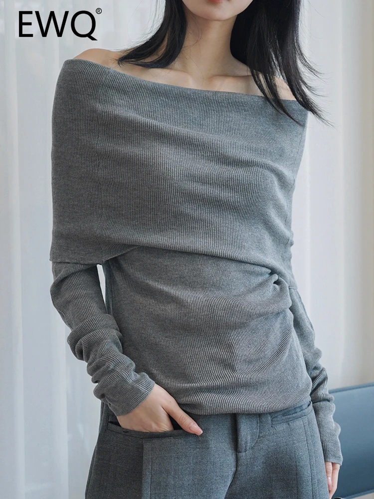 

EWQ Elegant Slash Neck Pullover Sweater For Women Off Shoulder Long Sleeve Bottoming Female Tops 2023 Autumn New 26D5203