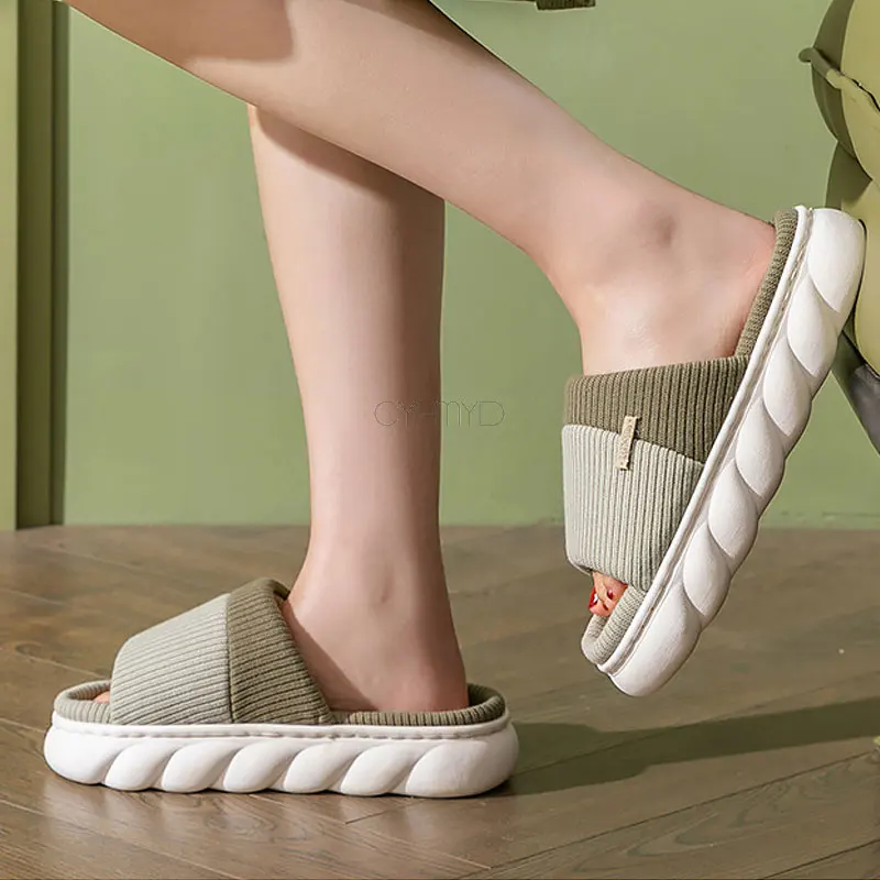 Striped Flax Slippers Women Home Open Toe Platform Slide Woman Slippers Cotton Linen Indoor Slippers Female Simple Winter Shoes