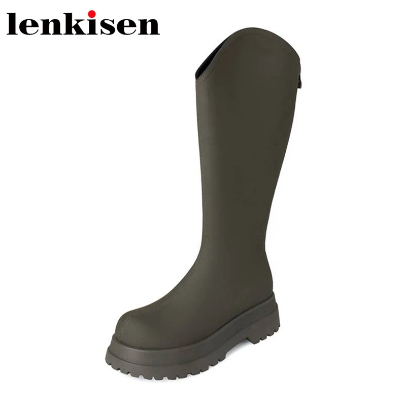 

Lenkisen Cow Split Leather Round Toe Riding Boots Med Heels Platform Solid Thick Bottom Street Wear Zipper Cozy Thigh High Boots