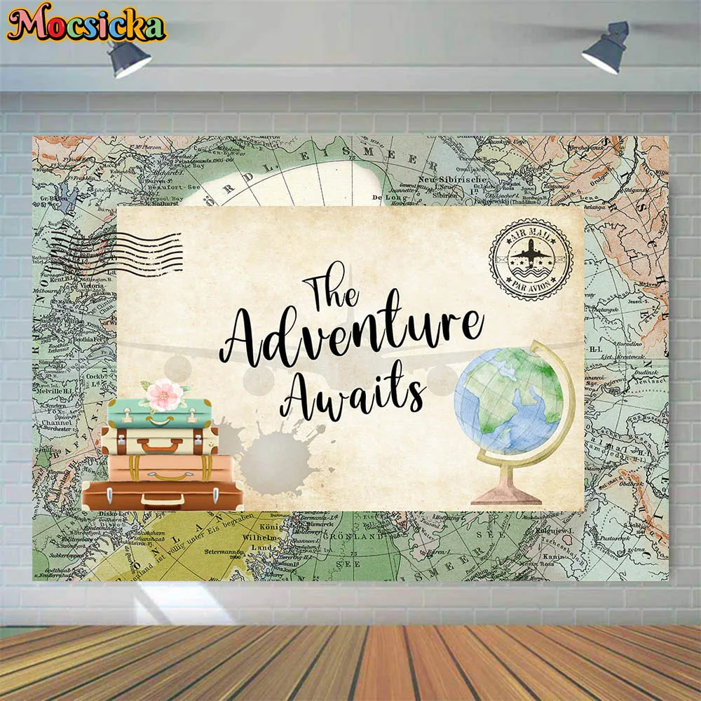 

Mocsicka Adventure Awaits Baby Shower Backdrop Travel around the World Airplane Stamp Newborn 1st Birthday Background Photoshoot