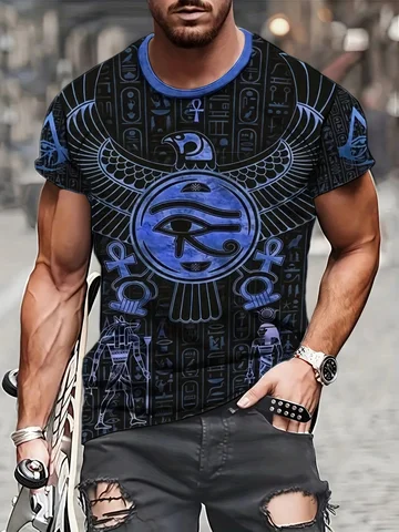Мужская летняя уличная футболка с 3D цифровым принтом — футболка с египетской иероглифой и крылатым солнцем, черная и золотая графическая футболка