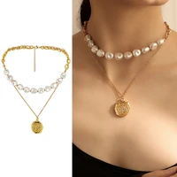 multi layered baroque pearl coin pendant necklace for women vintage multi layer link chain necklace punk aesthetic jewelry