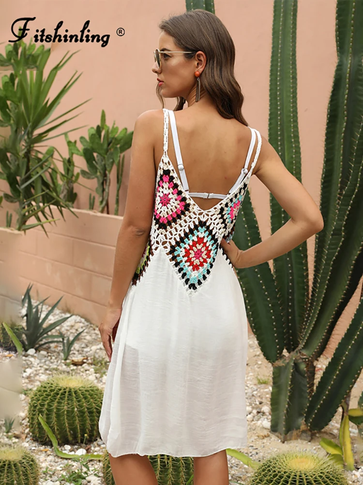 

Fitshinling Handmade Crochet Boho Dress Holiday Patchwork Sexy Hot Backless Pareo Beach Summer Sundress 2022 Vintage Robe New