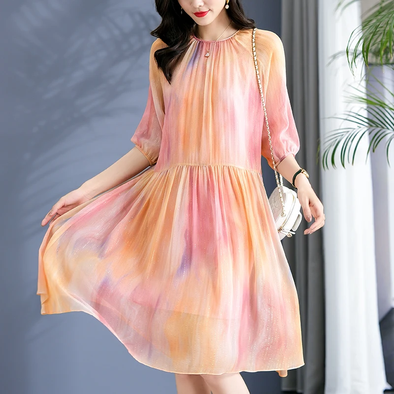 Elegant Dresses For Women 2023 Summer Real Silk Women's Long Midi Dress Loose Rainbow Print Woman Two Pieces Dress A-line