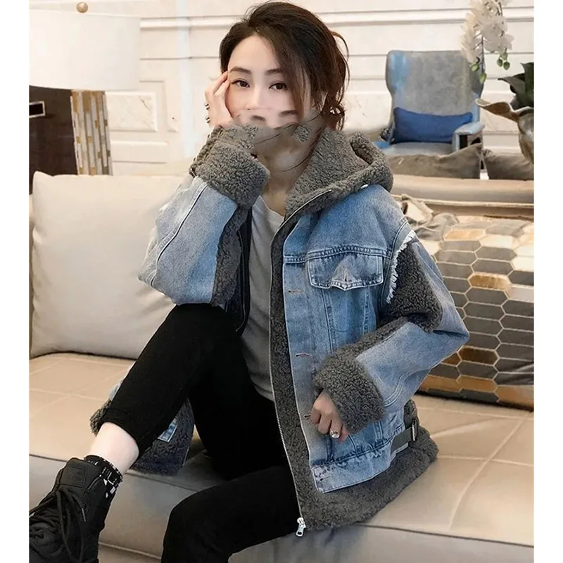 Европейская женская джинсовая верхняя одежда с капюшоном зимняя куртка-парка