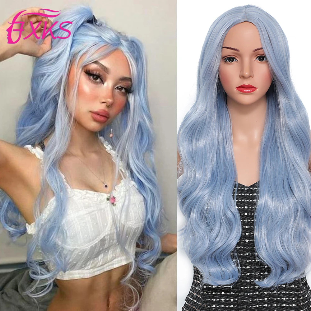 

Blue Long Wavy Synthetic Hair Wig Gold Brown Ombre Gray Synthetic Hair Wig Heat Resistant Fiber For Women 22Inch 300Gram FXKS