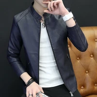 2022 new mens leather jacket spring casual business leather high quality zipper korean version fashion stand collar slim tops