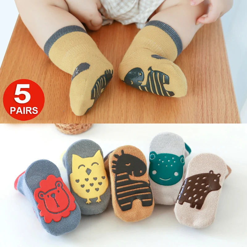 

0-5T 5Pairs Cute Baby Girls Boys Toddlers Non Slip Socks Kids Anti Skid Cotton Ankle Grip Floor Socks Lot Spring Auntumn
