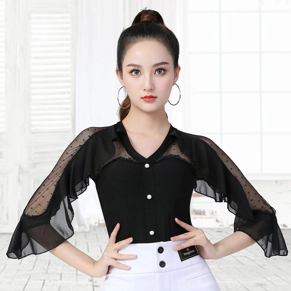 

Latin Dance Tops Professional Rumba Practice Shirt Black Long Sleeve Yarn Blouses Samba Tango Salsa ChaCha Dance Clothes DQL7808