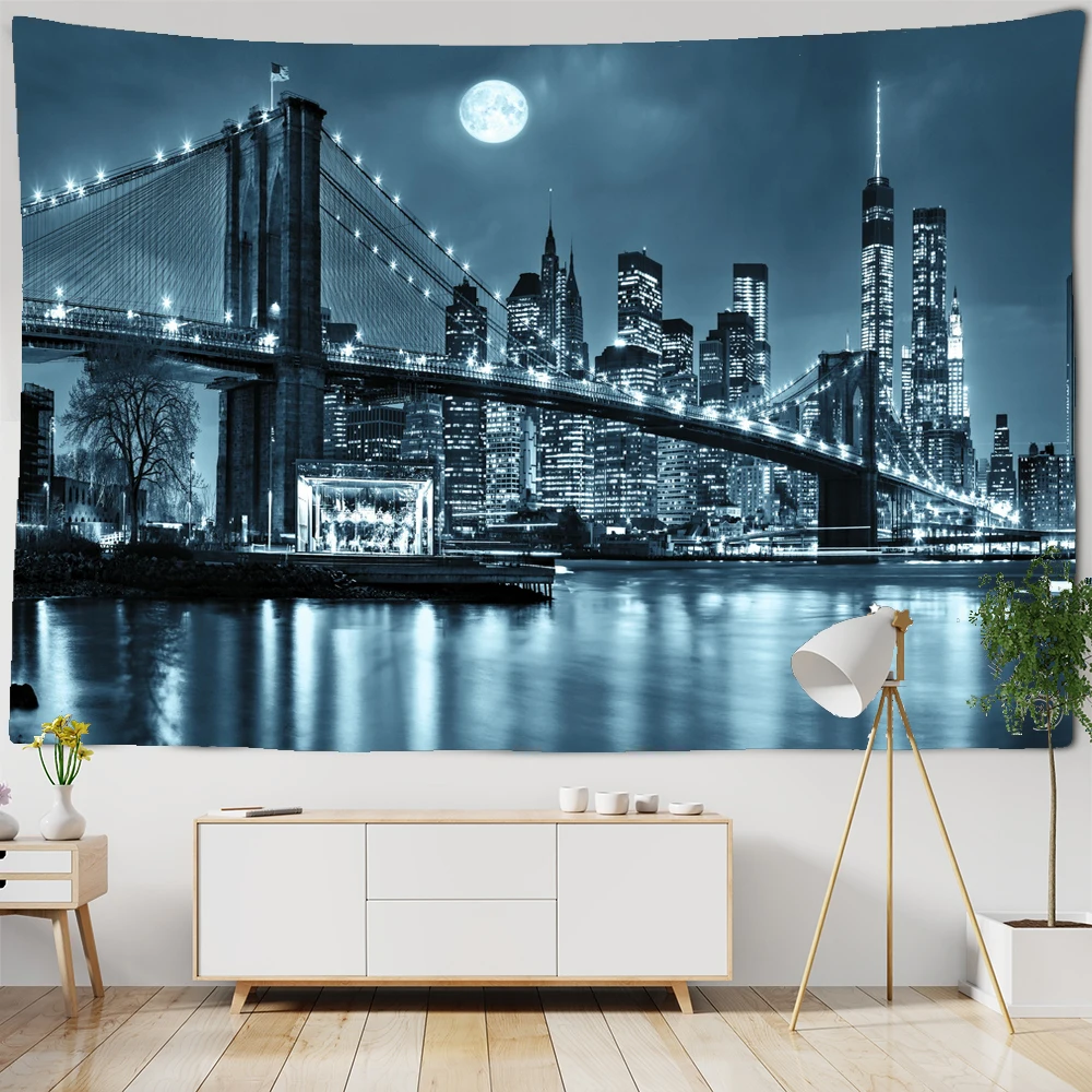 

Тканевый фон с ночным изображением Нью-Йорка, домашний художественный гобелен, богемский мост, ландшафтный декоративный гобелен, простыни ...